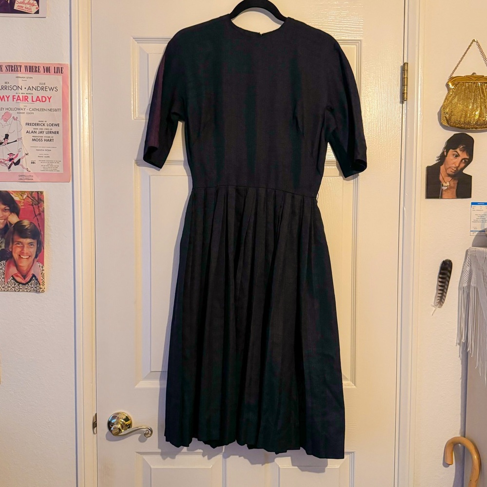 1950s Black Pleated A-Line Swing Dress